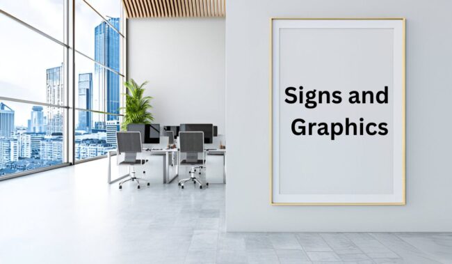 Signs and Graphics: Design, Trends, and Materials for 2024 Various types of retail signs and graphics, including promotional, wayfinding, and digital signage made from eco-friendly materials like vinyl, acrylic, and LED displays.